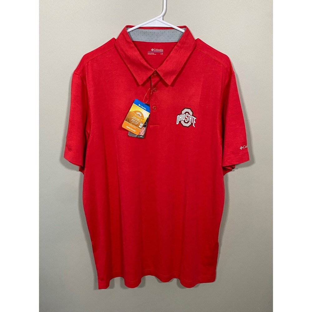 NWT Columbia Ohio State Buckeyes Polo Shirt Men's Large Red Omni-Shade UPF 50